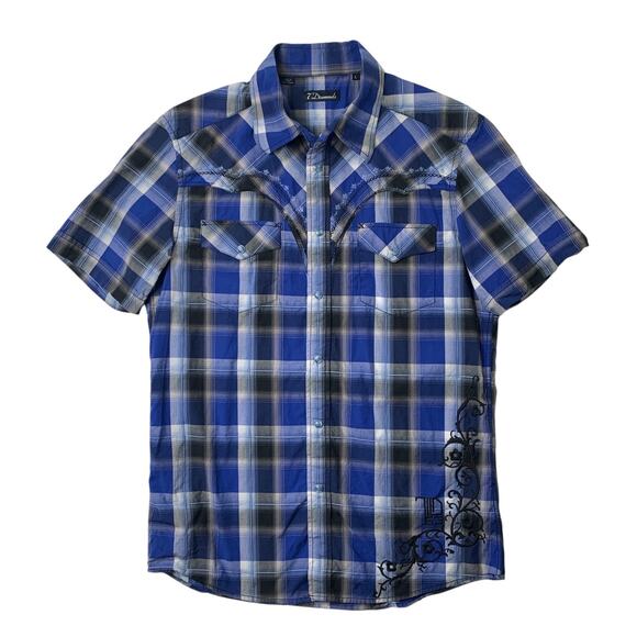 7 Diamonds Shirt Men L Large Blue Pearl Snap Buttons Plaid Western Short Sleeve - Picture 1 of 11